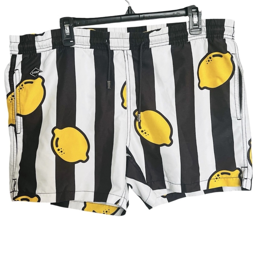 Nikben Striped Lemon Print Swim Shorts/Trunks SZ L Blk/Wht Beach Pool Vacay
